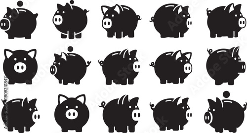 Black Pig Silhouettes with Coins on White Background Illustration