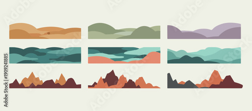 Mountain Desert Landscape Scenery Set, Nature Outdoor Terrain Illustration Clipart, Flat Scenic View Graphic Design Bundle, Adventure Travel Landscape Element Art, Colorful Horizon Sky Sticker Collect
