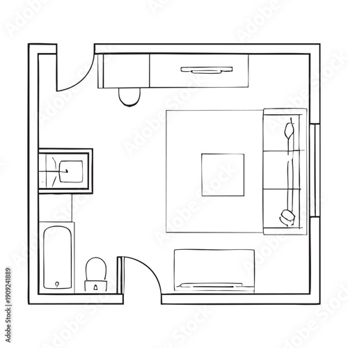 Black and white floor plan of a small apartment with bathroom and bedroom