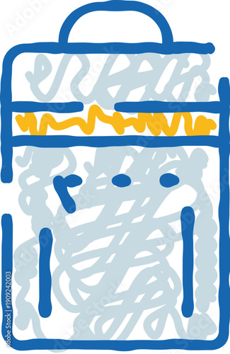 Clothes dryer doodle in blue and yellow line art showing clean laundry and household chore concept for washing, drying, garment care, and domestic maintenance tasks