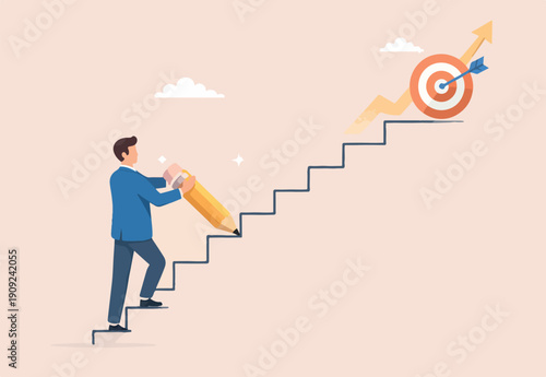  Build stair to reach target, career success or progress to achievement, business goal or future succeed, effort to grow career path concept, businessman use pencil draw stair step to reach success.