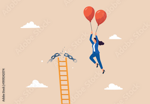 Woman leadership to overcome struggle, female power to break boundary or limitation, freedom and opportunity concept, success businesswoman flying with air balloon from top ladder or stairway