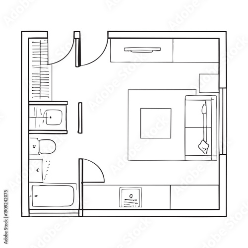 Black and white floor plan of a small bathroom with a shower, toilet, sink, and bathtub
