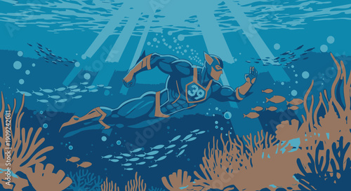 Scuba Diver Swimming Underwater with Coral Reef.