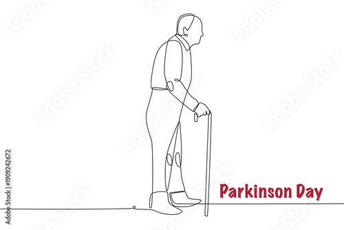 Old man with Parkinson's. Parkinson day concept one-line drawing