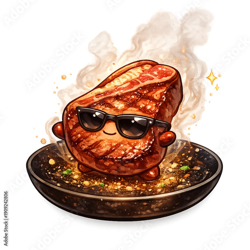 Confident steak sizzling in skillet