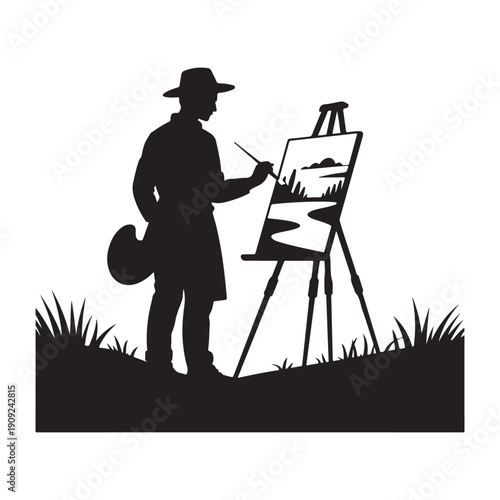 Landscape Artist Painting on Easel Outdoors, Creative Art Black Silhouette Illustration