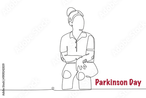Old woman with Parkinson's. Parkinson day concept one-line drawing