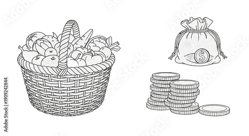 Harvest Bounty Basket and Money Bag with Coins - Abundance and Wealth Concept