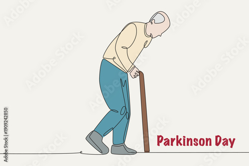 Colored Old man with Parkinson's. Parkinson day concept one-line drawing