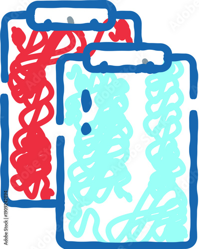 Two illustrative clipboards featuring messy red and blue scribbled lines, symbolizing paperwork, data processing, or information management in a hand drawn doodle icon style