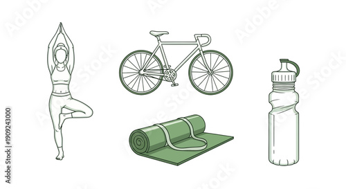 Healthy Lifestyle Flat Lay: Yoga, Cycling, Water Bottle, Mat