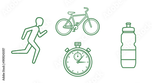 Healthy lifestyle icons: running man, bicycle, stopwatch, water bottle