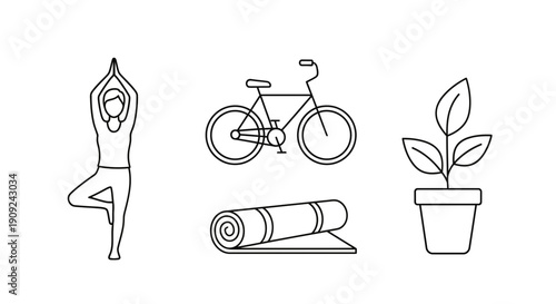 Healthy Lifestyle Icons: Yoga, Bicycle, Plant, Yoga Mat