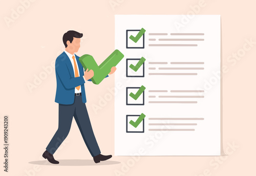 : Checklist for completed tasks, project checkbox or achievement list and approval document concept, businessman carrying big tick to put on completed task for project tracking