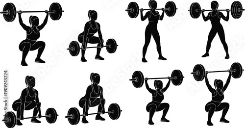 Female weightlifting silhouettes collection, barbell squat deadlift press exercises, woman strength training fitness workout vector illustration isolated set