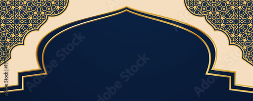 Ornamental navy blue Islamic arched frame with golden geometric patterns