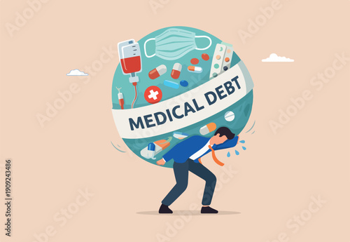 Medical debt, health care and treatment cost from Covid-19 disease, hospital expense or drug and medicine bills concept, broke bankrupt man giant medicine debt burden after cure from COVID-19.