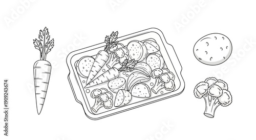 Hand-drawn illustration of fresh vegetables: carrots, potatoes, broccoli, and a baking dish with roasted vegetables.