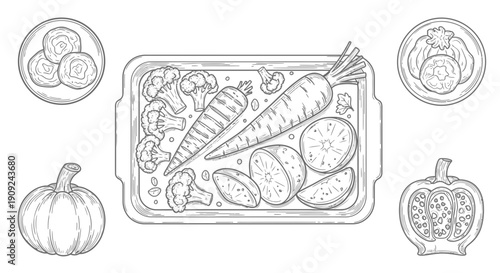 Hand-drawn illustration of roasted vegetables in a baking dish, surrounded by fresh produce.
