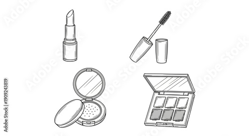 Hand-drawn makeup collection: lipstick, mascara, powder, eyeshadow palette