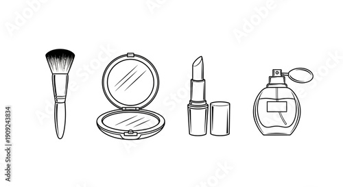 Hand-drawn makeup collection: brush, powder compact, lipstick, and perfume bottle on white background.