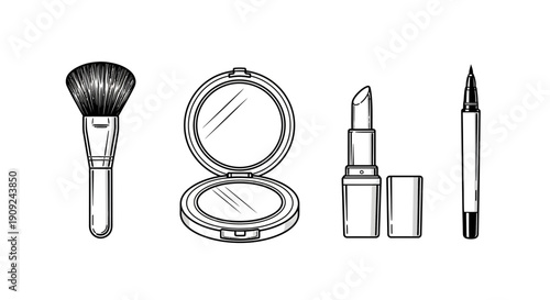 Hand-drawn makeup essentials: brush, powder compact, lipstick, eyeliner pen on white background.