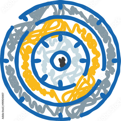 Target board created with hand drawn blue, yellow and grey concentric circles, representing aiming, goal setting, precision and strategy in a simple, abstract style