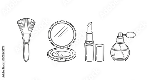 Hand-drawn sketch of makeup essentials: brush, compact mirror, lipstick, and perfume bottle