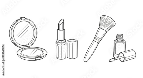 Hand-drawn sketch of makeup essentials: compact mirror, lipstick, makeup brush, and nail polish