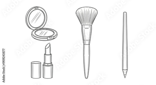 Hand-drawn sketch of makeup essentials: lipstick, compact powder, makeup brush, and eyeliner pencil.