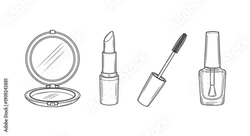 Hand-drawn sketch of makeup essentials: compact mirror, lipstick, mascara, and nail polish bottle