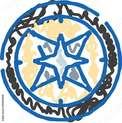 Hand drawn compass rose depicting navigation, orientation, direction, and travel, with a doodle style in blue, black, yellow, and grey on a white background
