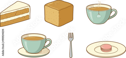 Afternoon Tea and Dessert Vector Illustration Set with Cake Slice Pound Cake Hot Tea Cups Macaron and Silver Dessert Fork