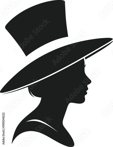 Silhouette of a woman wearing a wide brimmed Easter bonnet and top hat female profile