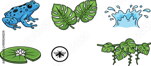 Blue Poison Dart Frog Vector Illustration Set with Tropical Monstera Leaves Water Splash Lily Pad and Insect Silhouette Icon
