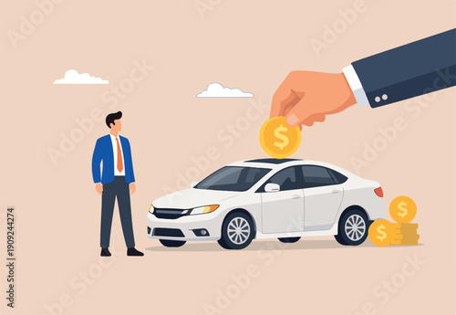 Car leasing or car loan, borrow money to buy new car, rental or auto maintenance cost, debt, purchase or buy new vehicle concept, businessman hand owner put dollar money coin into new car.