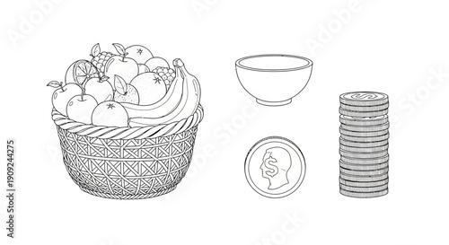 Fruit Basket, Coins, and Bowl: Abundance, Wealth, and Savings Concept
