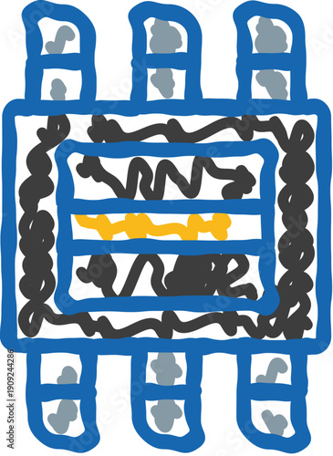 Abstract drawing depicting a computer microchip or integrated circuit with intricate internal electronic components, representing technology, engineering, and digital processing