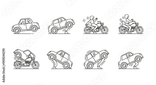 Funny cartoon car and motorcycle stunts and accidents, vector illustration
