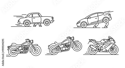 Funny Car and Motorcycle Icons: Vehicles with Legs Running, Speeding, and Racing