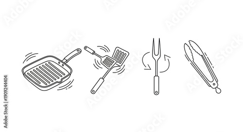 Grill Tools Set: Spatula, Tongs, Fork, and Grill Pan - Line Art Icons