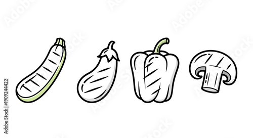 Grilled Vegetables Icon Set: Zucchini, Eggplant, Bell Pepper, Mushroom