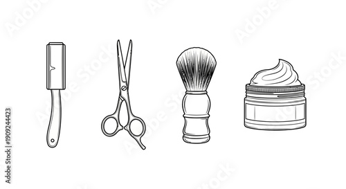 Grooming Tools Collection: Lint Roller, Scissors, Shaving Brush, and Cream Jar