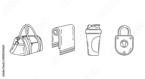 Gym Bag, Towel, Shaker Bottle, and Lock Icons: Fitness and Workout Essentials