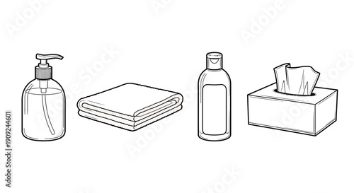 Hand drawn hygiene items: soap dispenser, folded towel, lotion bottle, and tissue box