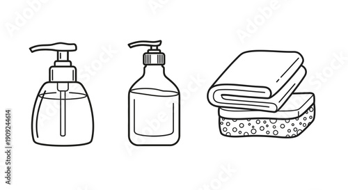 Hand drawn illustration of cleaning supplies: soap dispenser, spray bottle, and folded towel with sponge.