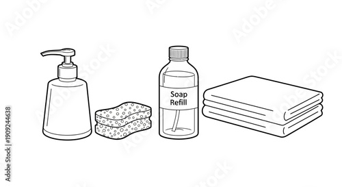 Hand drawn illustration of bathroom cleaning supplies: soap dispenser, sponges, soap refill, and folded towels.