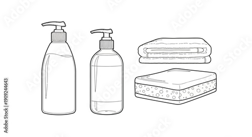 Hand drawn illustration of soap dispensers, folded towel, and sponge on white background