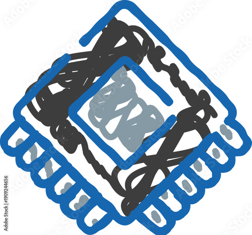 Stylized illustration of a central processing unit with blue borders and connections, symbolizing innovation, data processing, and artificial intelligence in computing